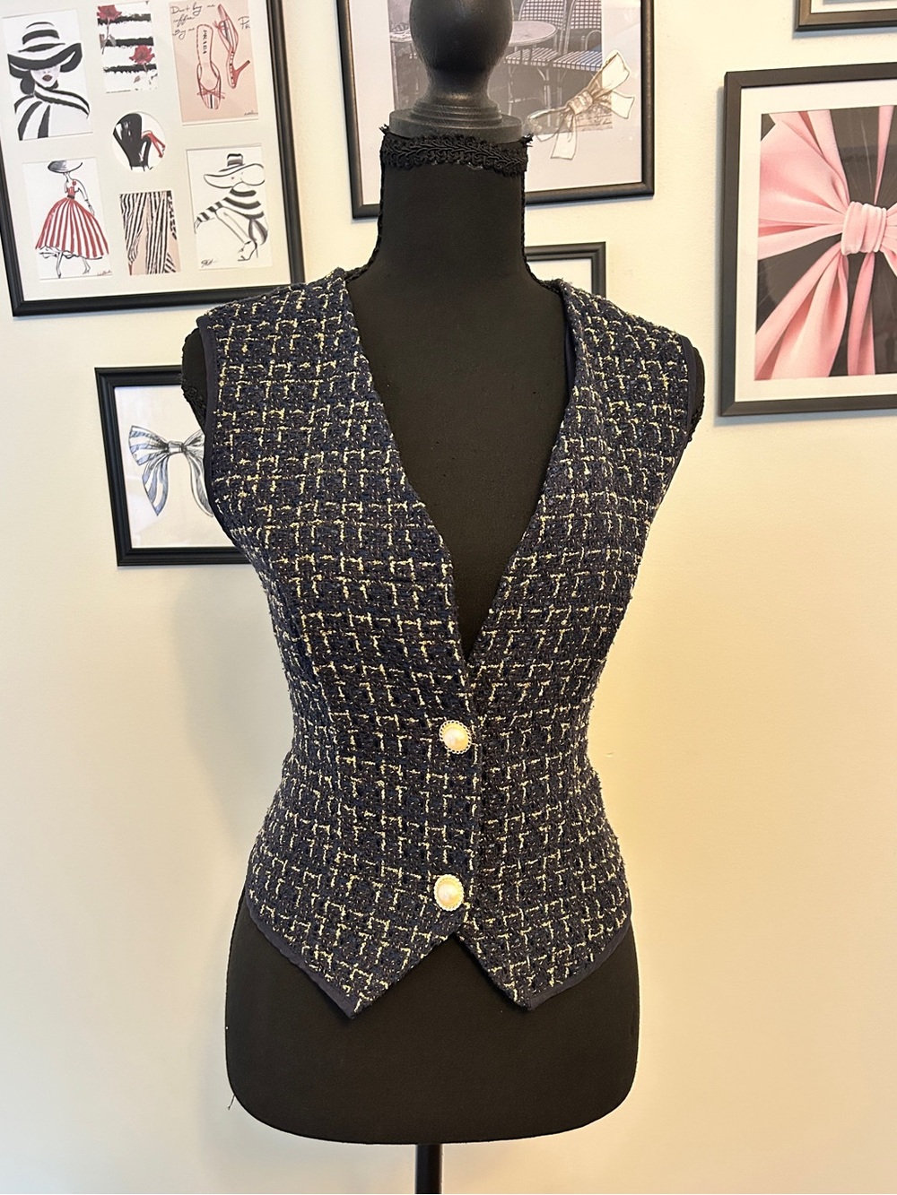 Classic Navy Tweed Vest with Pearl Buttons - Women Jackets & Coats